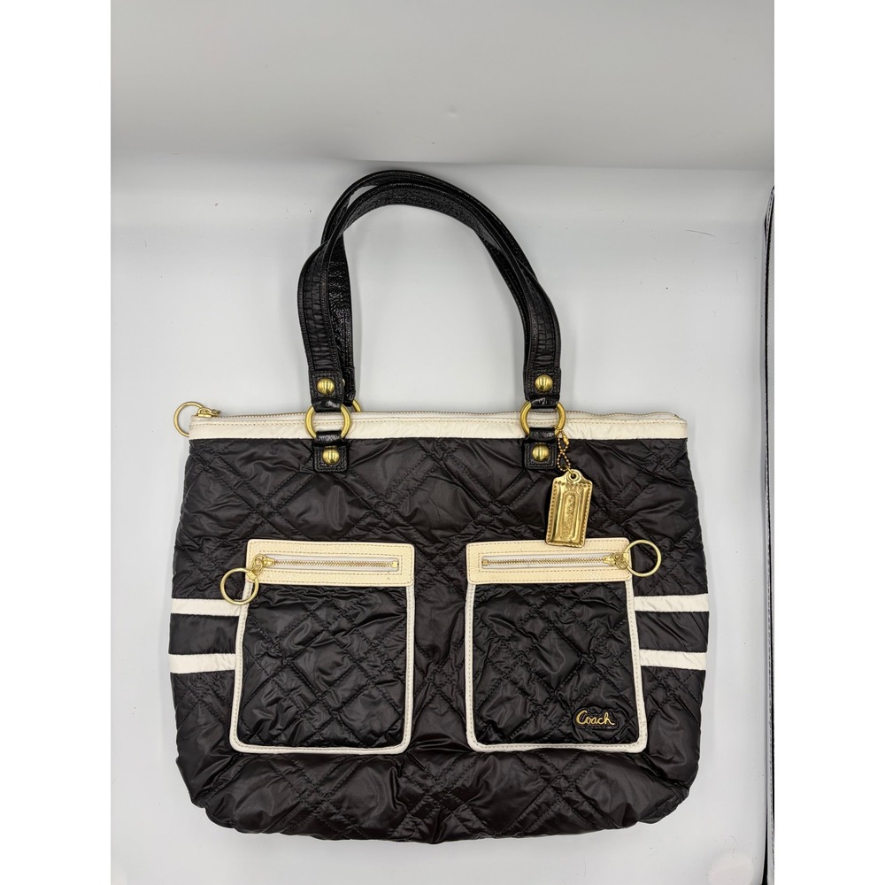 Coach Poppy Quilted Nylon Tote Bag Black Cream Gold 15873